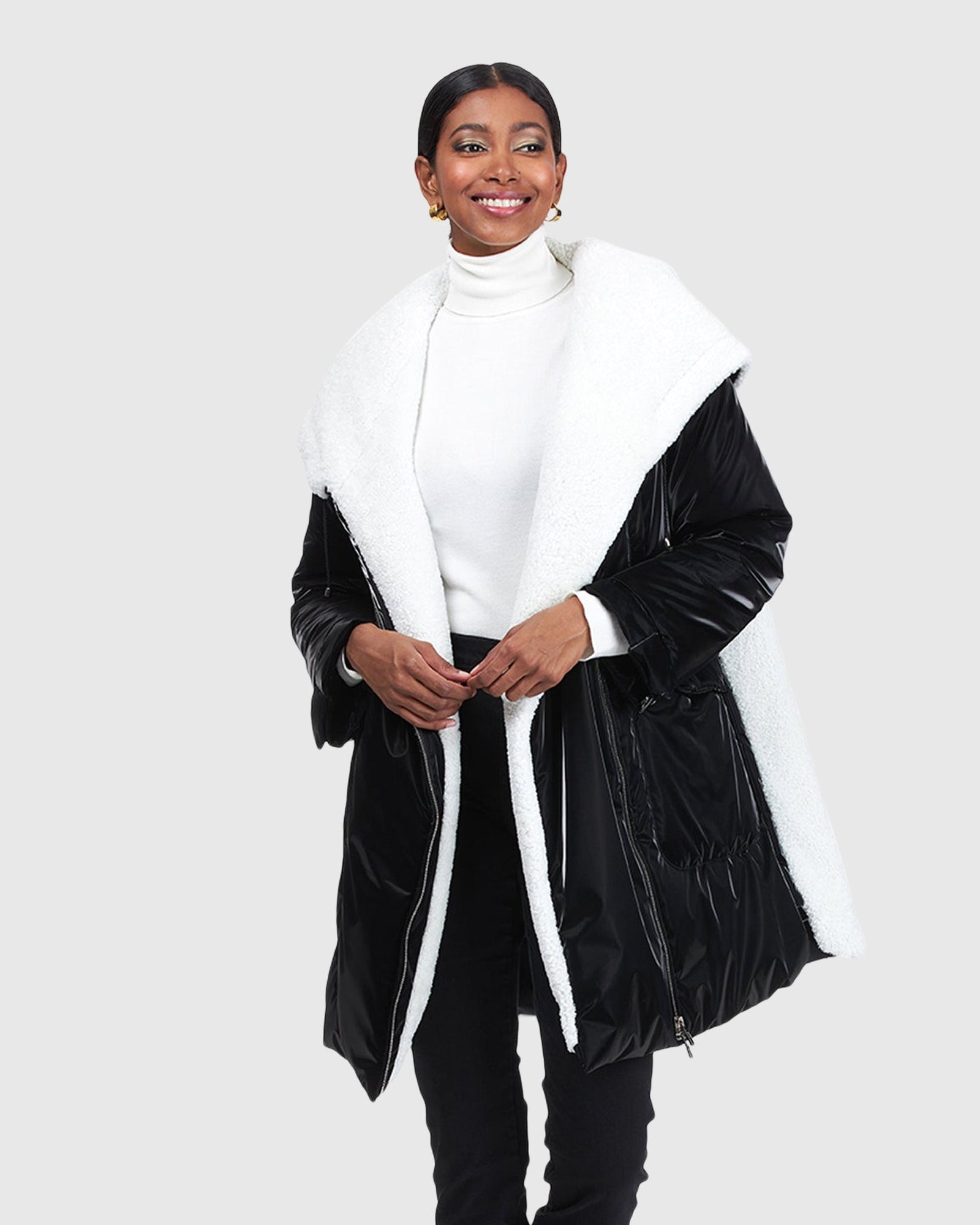 Asymmetric Quilted Parka With Shearling Lamb Trim | Black/White