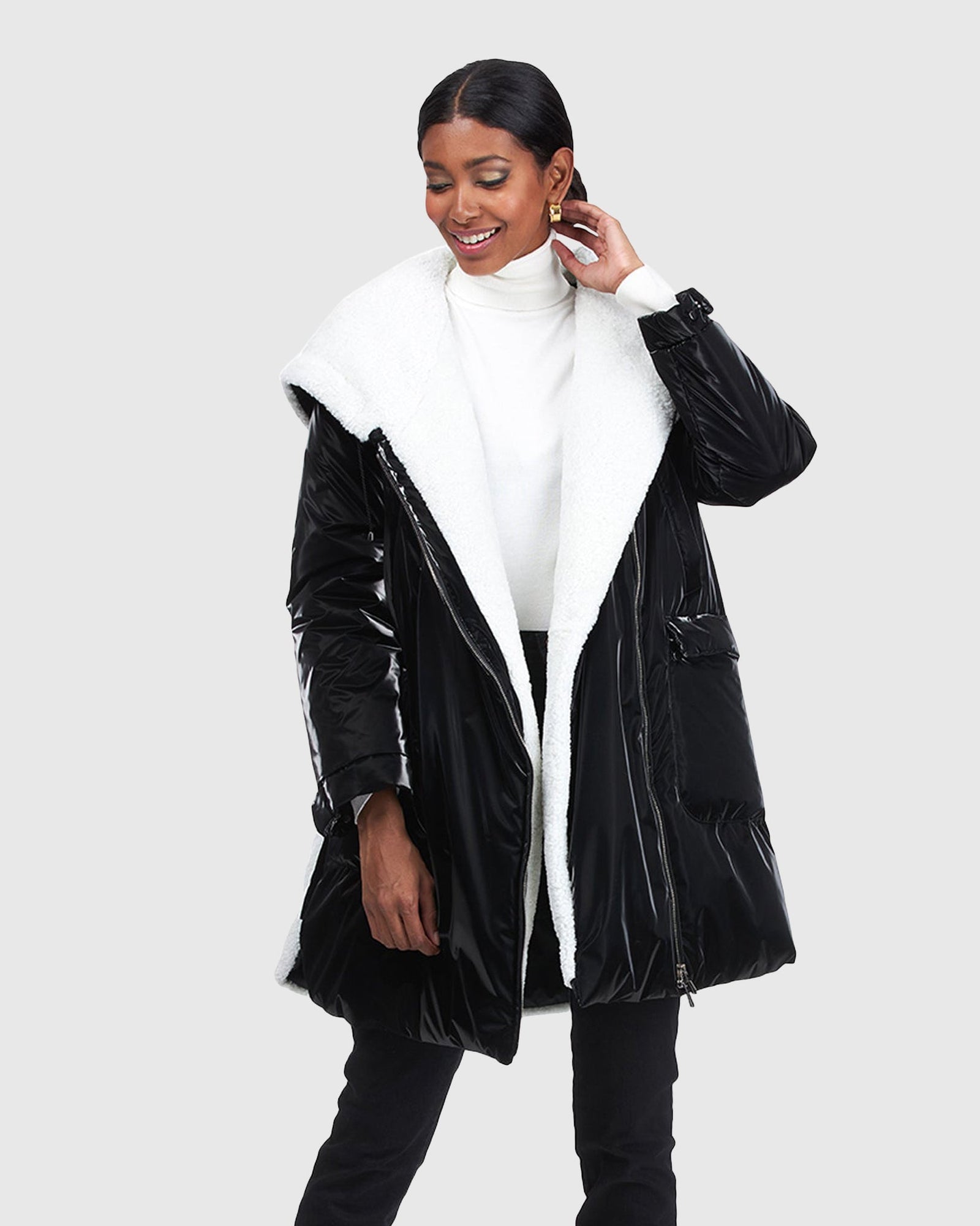 Asymmetric Quilted Parka With Shearling Lamb Trim | Black/White