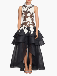 Leather Guipure High Neck Sleeveless Tiered Gown | Black/Ivory