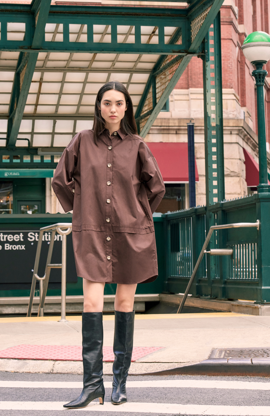 Coated Poplin Tunic Dress | Chocolate