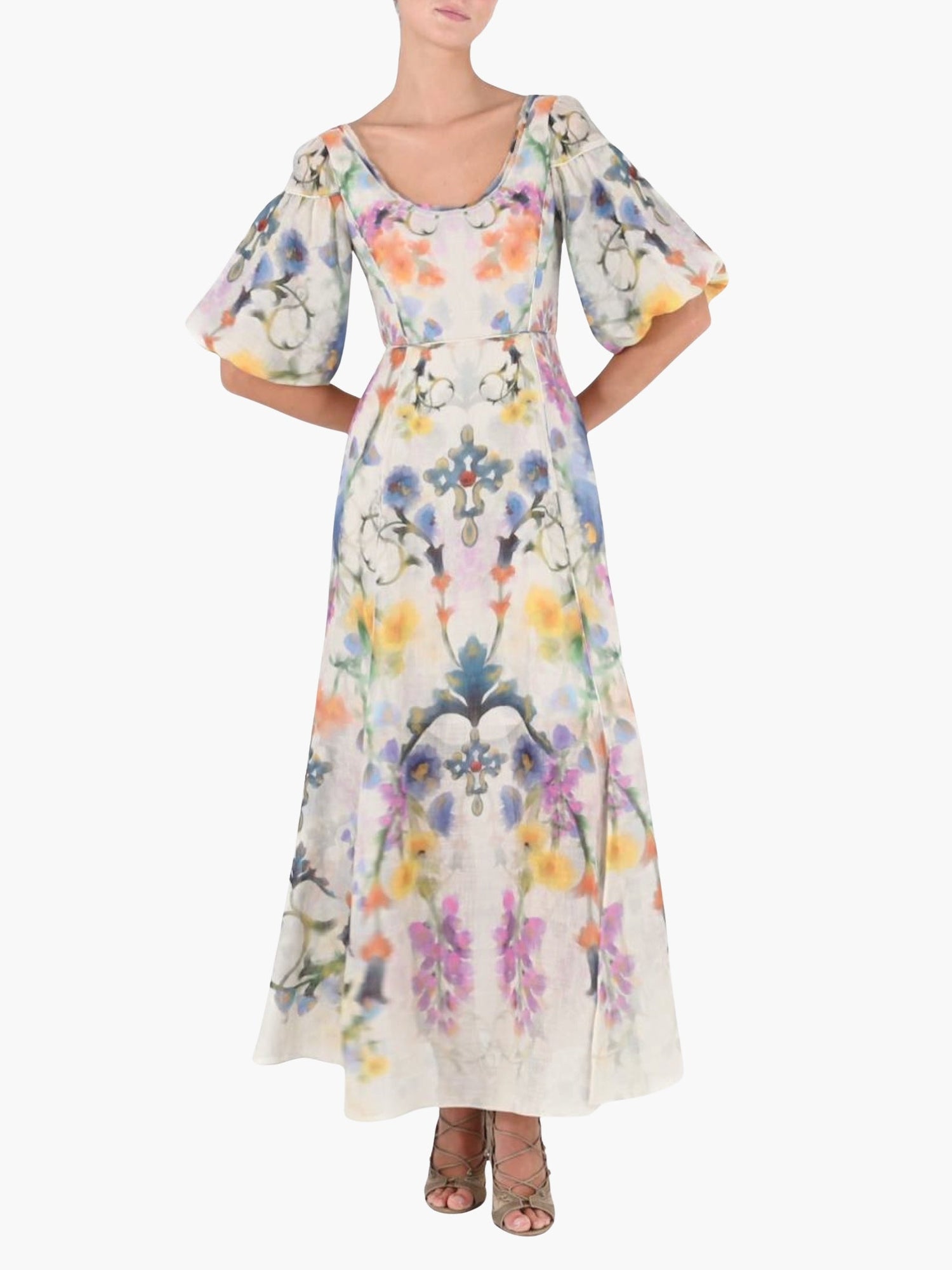 Ramie Puff Sleeve Maxi Dress | Cream Multi