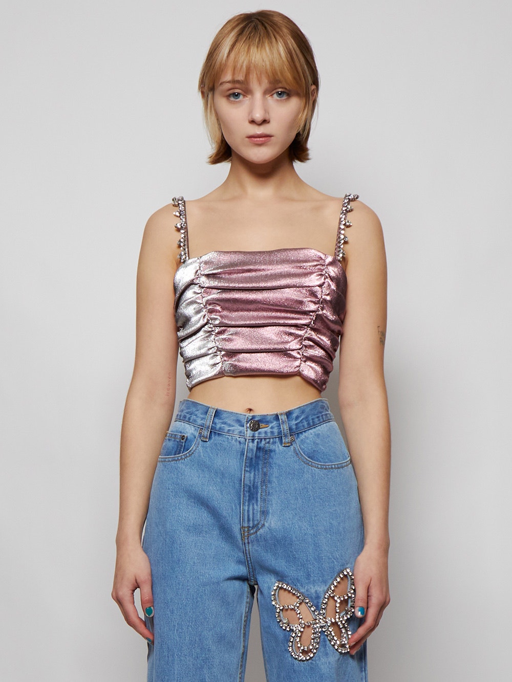 Women | AREA | Crystal Spike Ruched Top | Pink & Silver