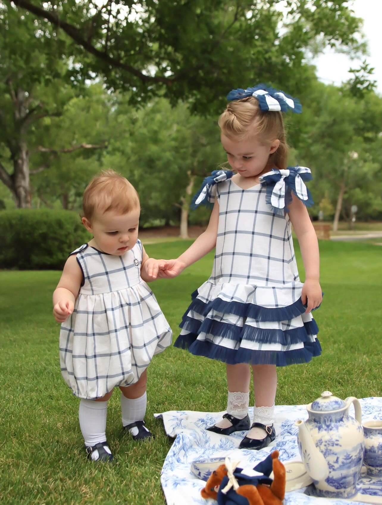 Baby Girls | Checkered Linen Tulle Dress | White x Blue