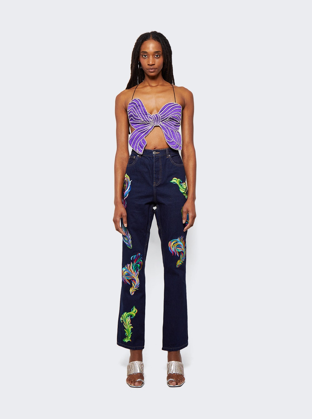 Women | AREA | Embroidered Feather Jeans