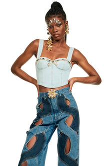 Crystal Trim Denim Bustier | Pale Blue
