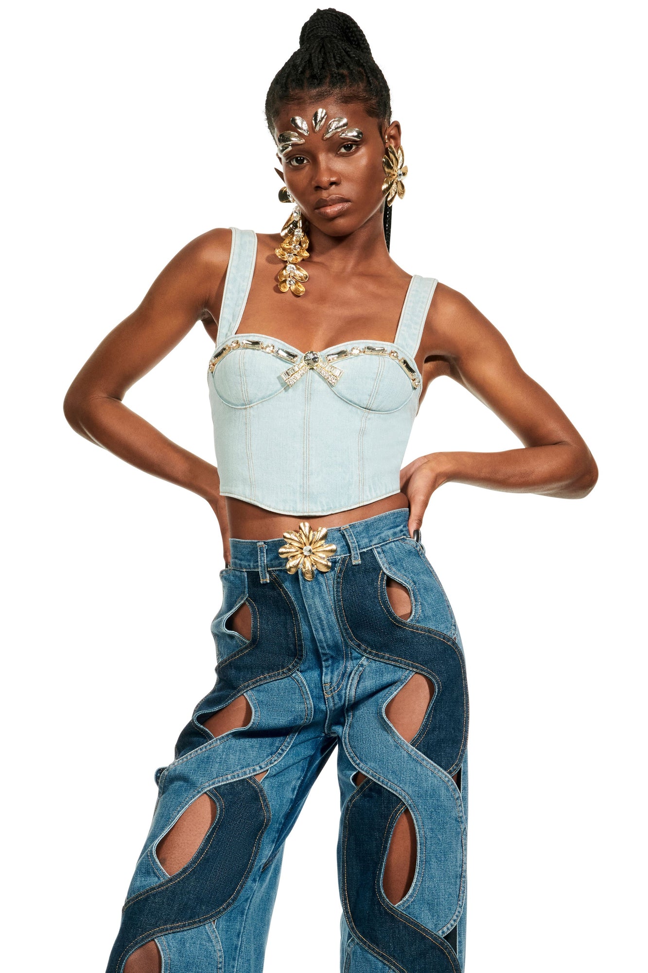 Crystal Trim Denim Bustier | Pale Blue