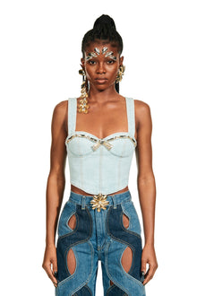 Crystal Trim Denim Bustier | Pale Blue