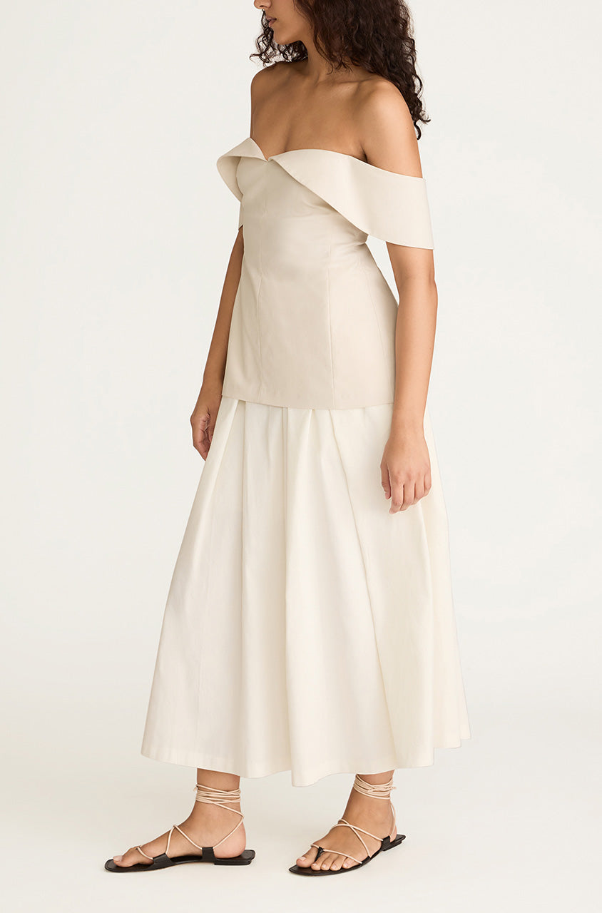 Cotton Sateen Draped Shoulder Top | Snow