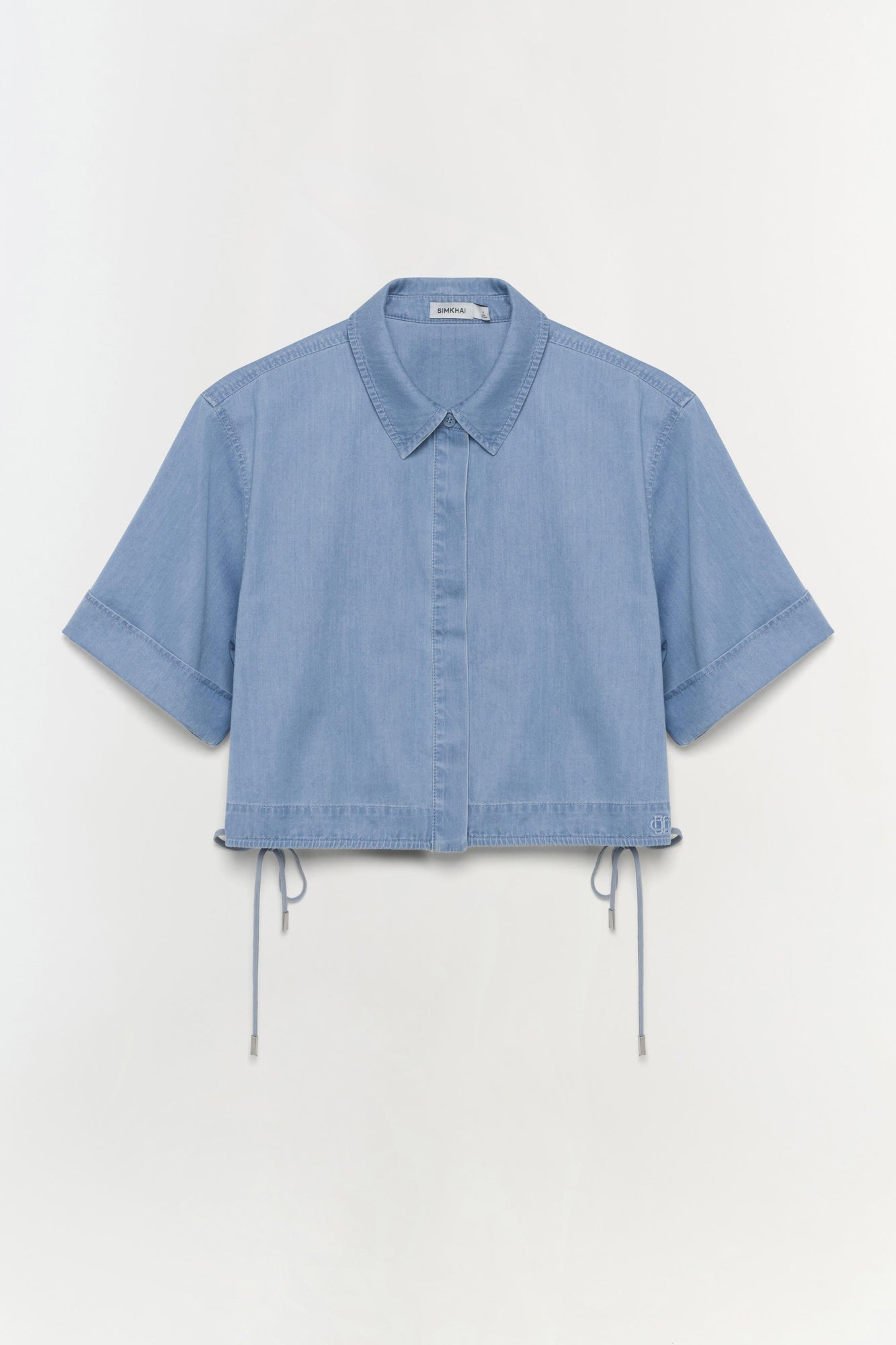 Light blue denim button-up shirt with short sleeves, collar, and adjustable drawstring hem.