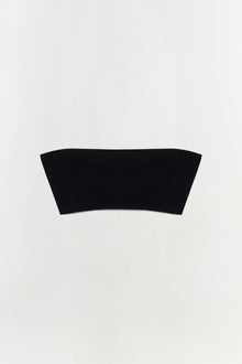 Black knit bralette with a curved bandeau neckline and ribbed texture displayed flat on a neutral background.