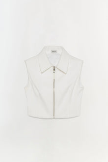 White sleeveless collared vest top with front zip closure.