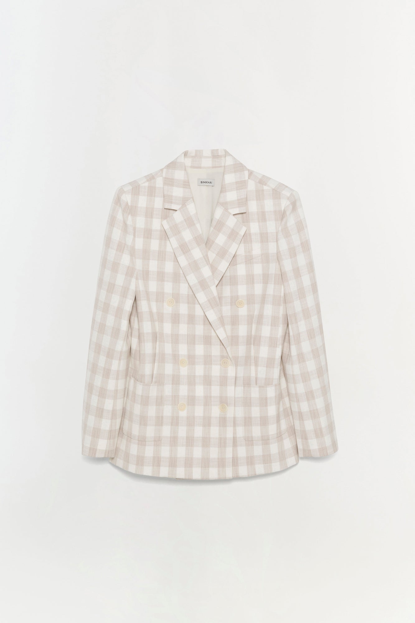Beige and cream gingham check double-breasted blazer with notch lapels and button front closure.