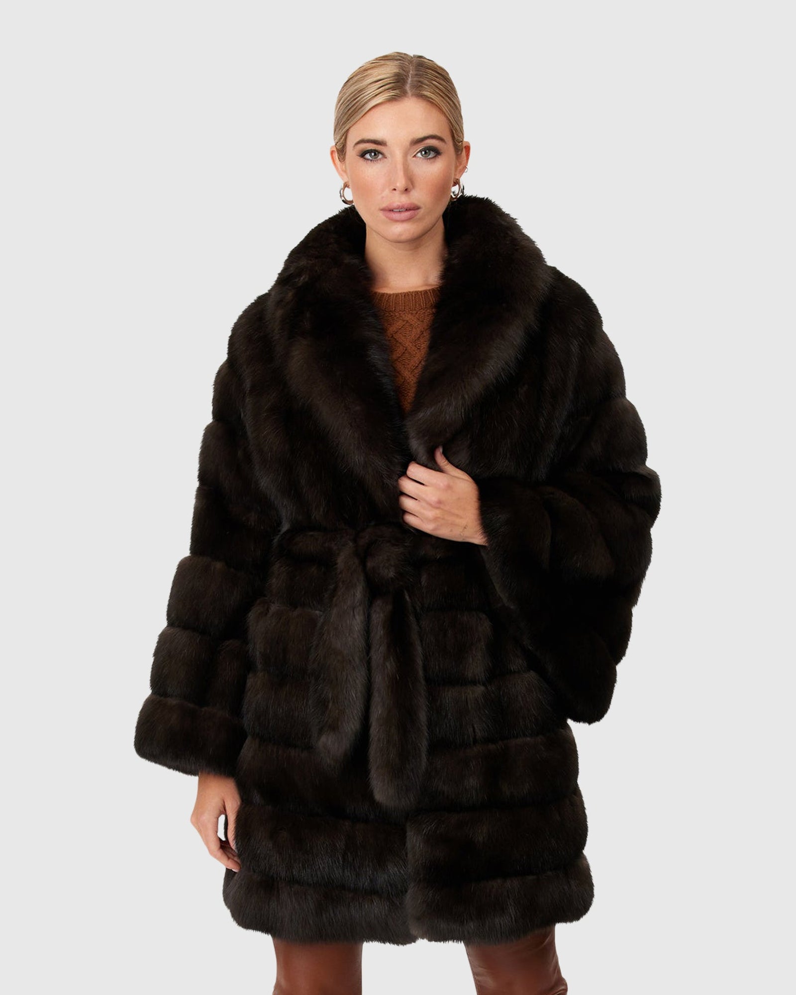 Horizontal Russian Sable Jacket With Shawl Collar And Belt | Barguzine