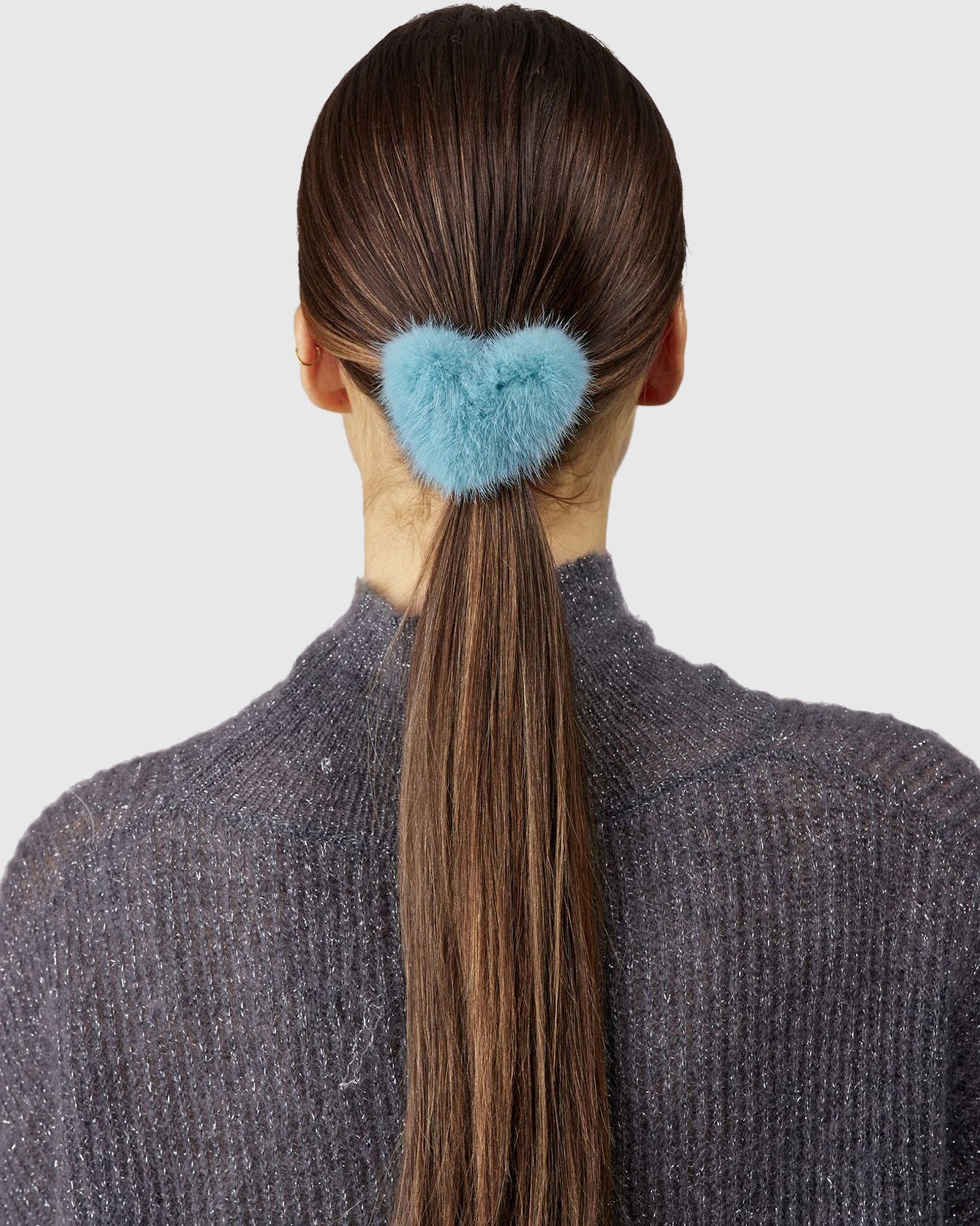 Hair Elastic With Heart Shaped Mink Fur Pompom | Blue