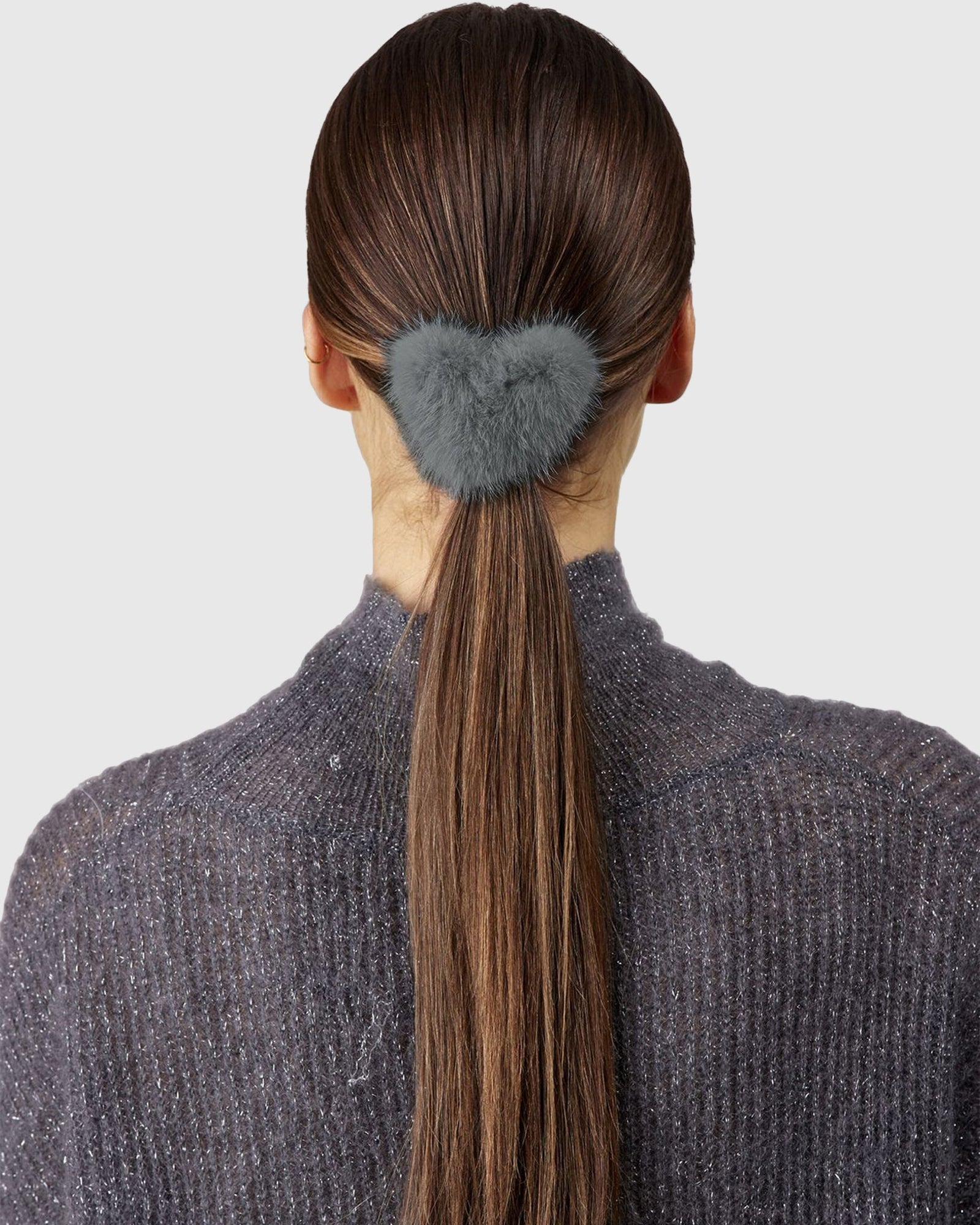 Hair Elastic With Heart Shaped Mink Fur Pompom | Gray
