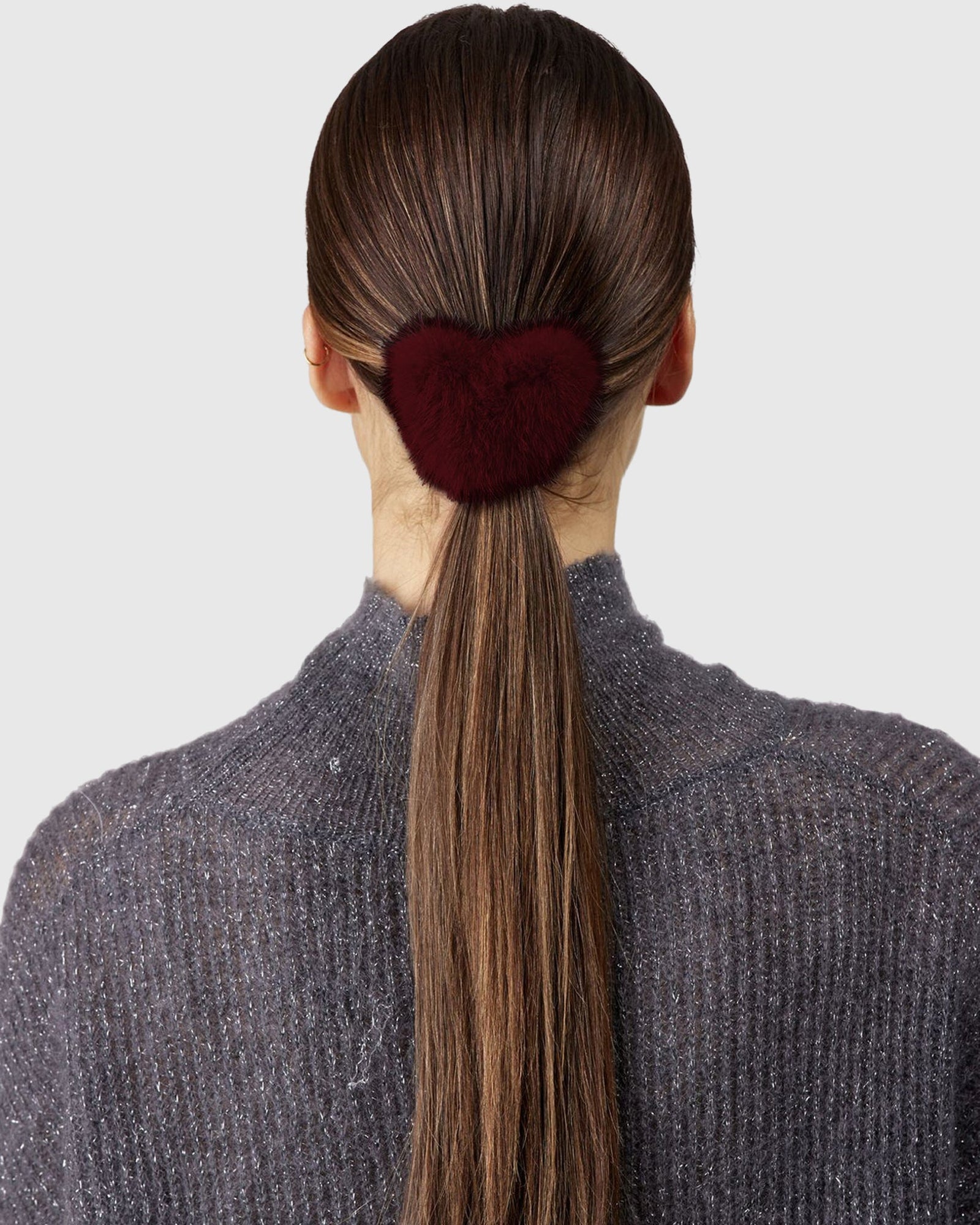 Hair Elastic With Heart Shaped Mink Fur Pompom | Burgundy