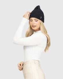 Wool Blend Knit Hat With Double Select Lamb Pompoms | Black/White
