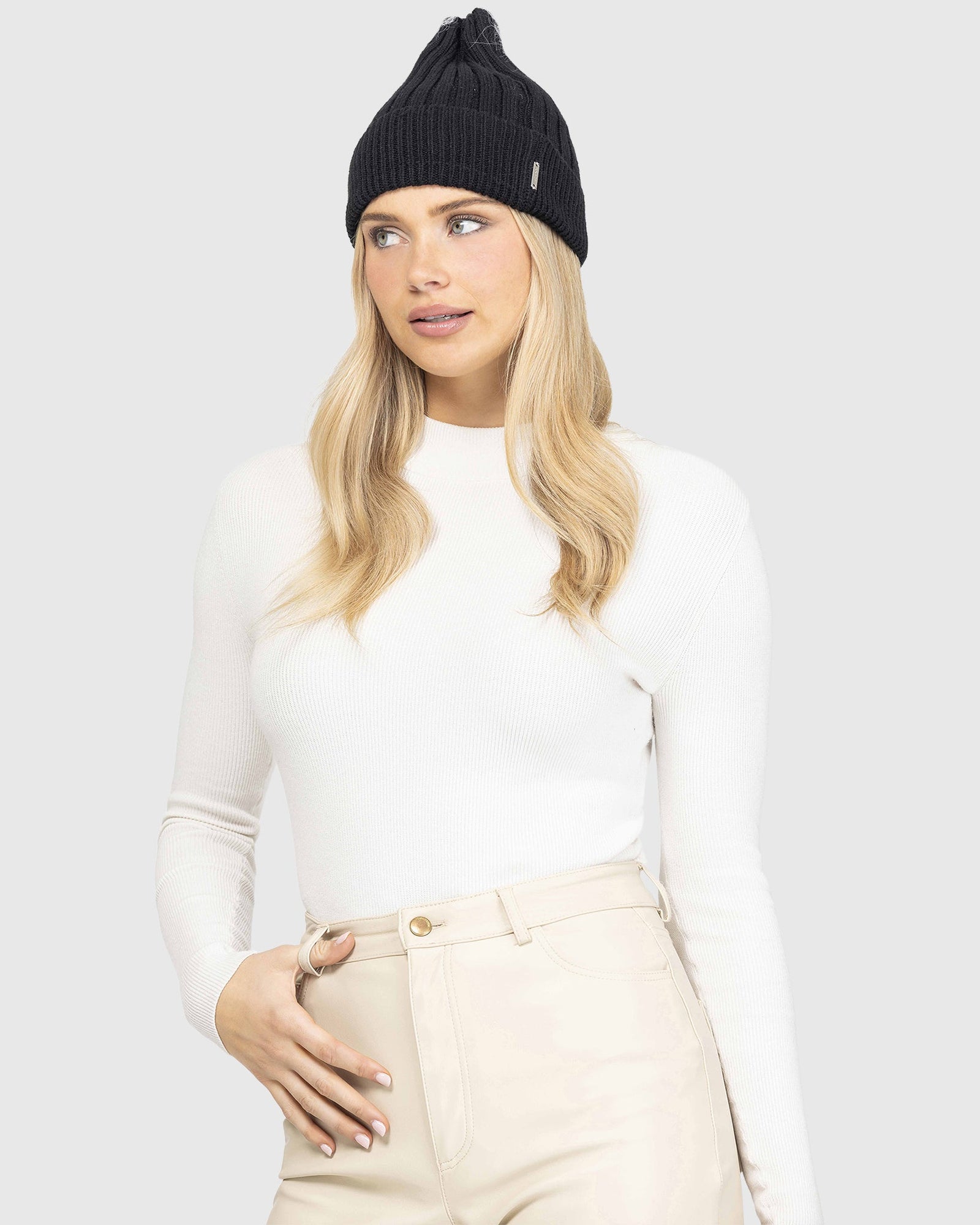 Wool Blend Knit Hat With Double Select Lamb Pompoms | Black/White