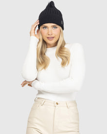 Wool Blend Knit Hat With Double Select Lamb Pompoms | Black/White