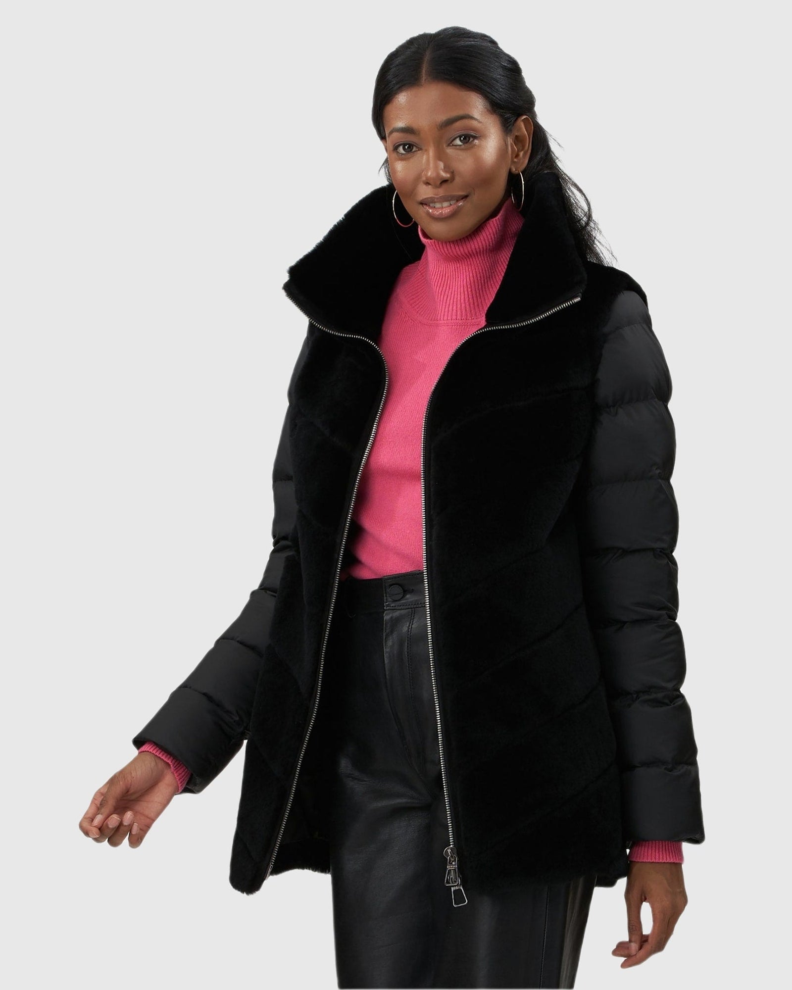 Select Shearling Lamb Chevron Jacket With Detachable Horizontal Quilted Sleeves | Black