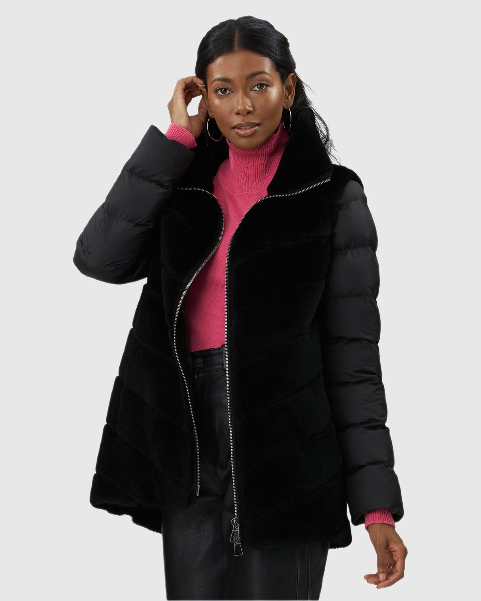 Select Shearling Lamb Chevron Jacket With Detachable Horizontal Quilted Sleeves | Black