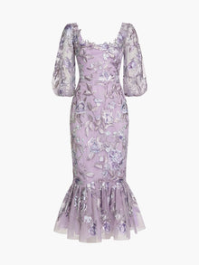 Botanist Bloom Embroidered Puff Sleeve Midi Dress | Lilac