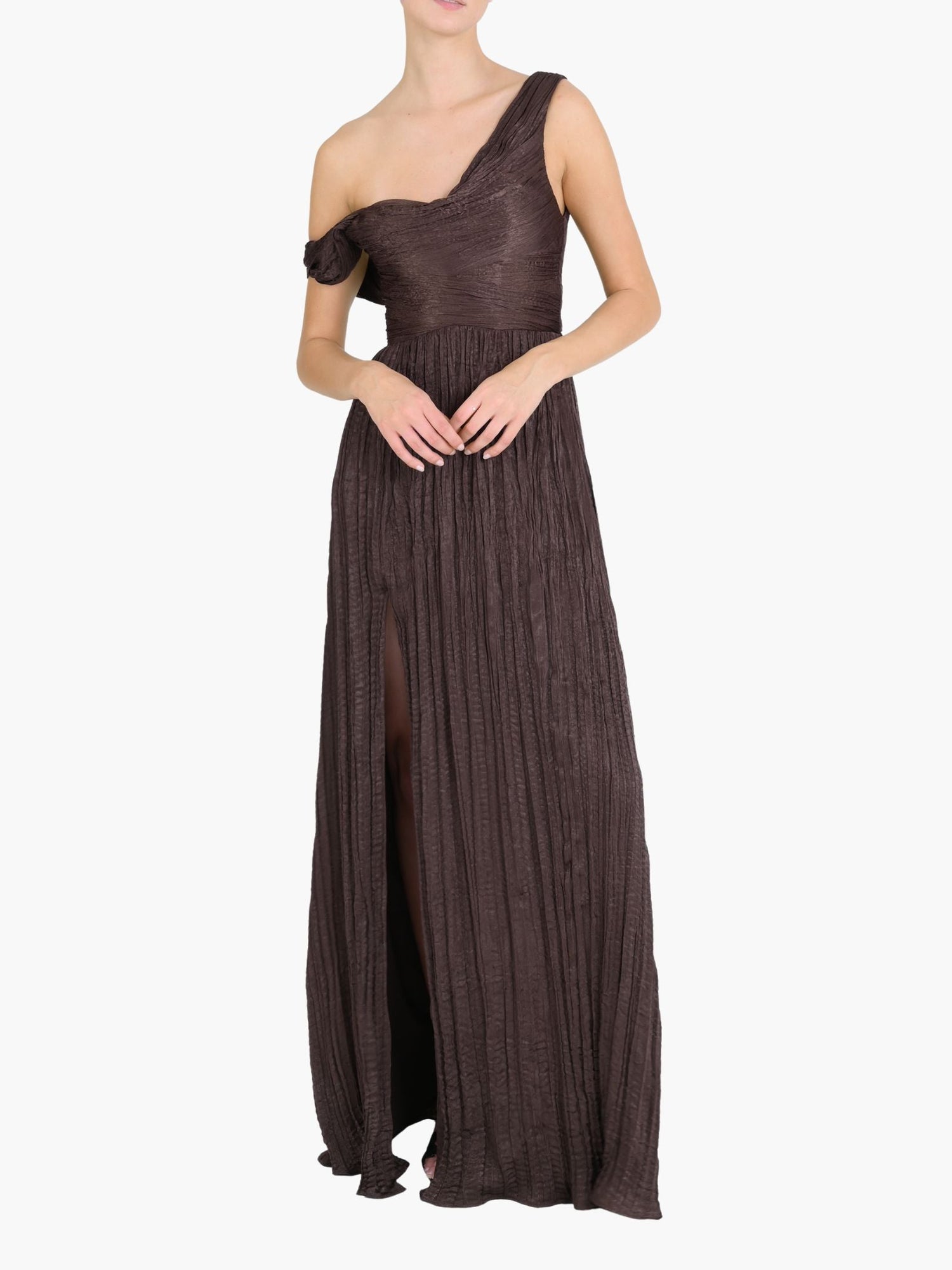 One-Shoulder Pleated Satin Gown | Chocolate