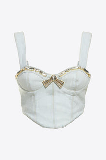 Crystal Trim Denim Bustier | Pale Blue