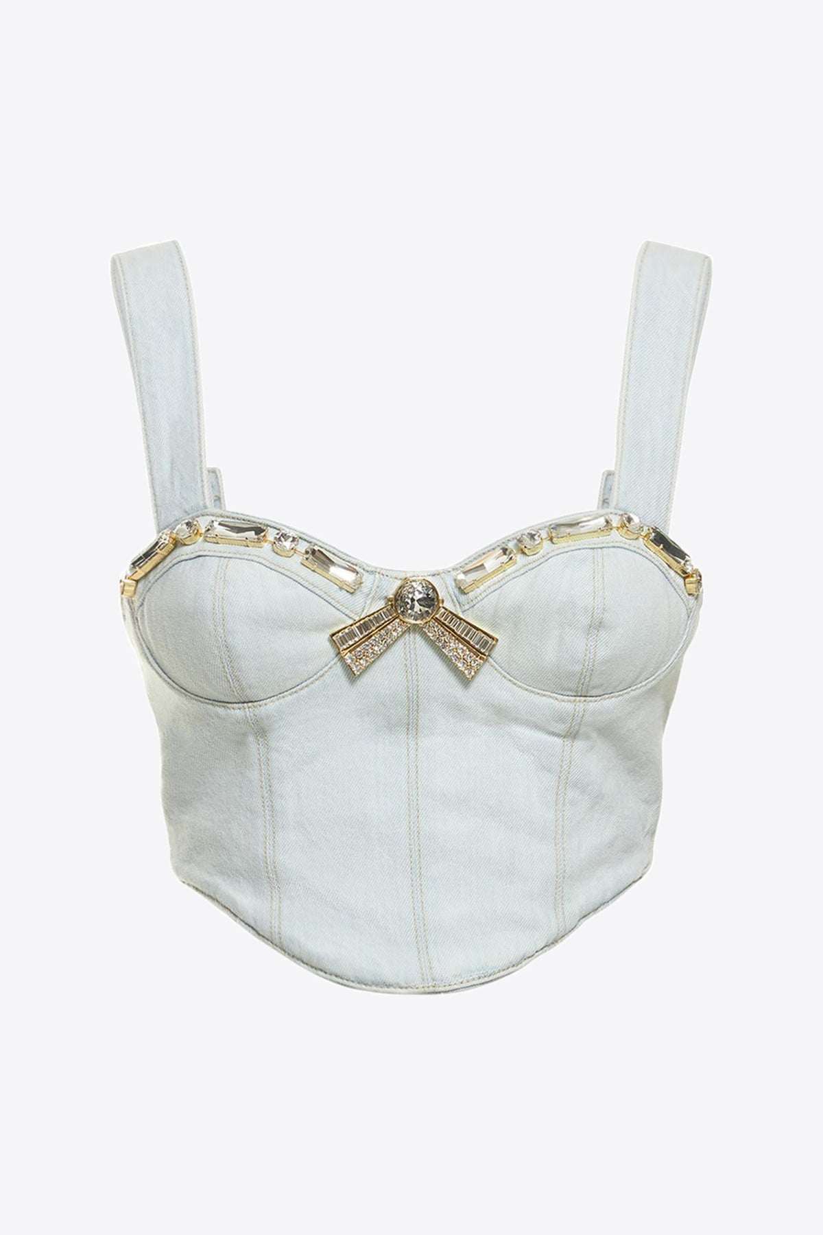 Crystal Trim Denim Bustier | Pale Blue