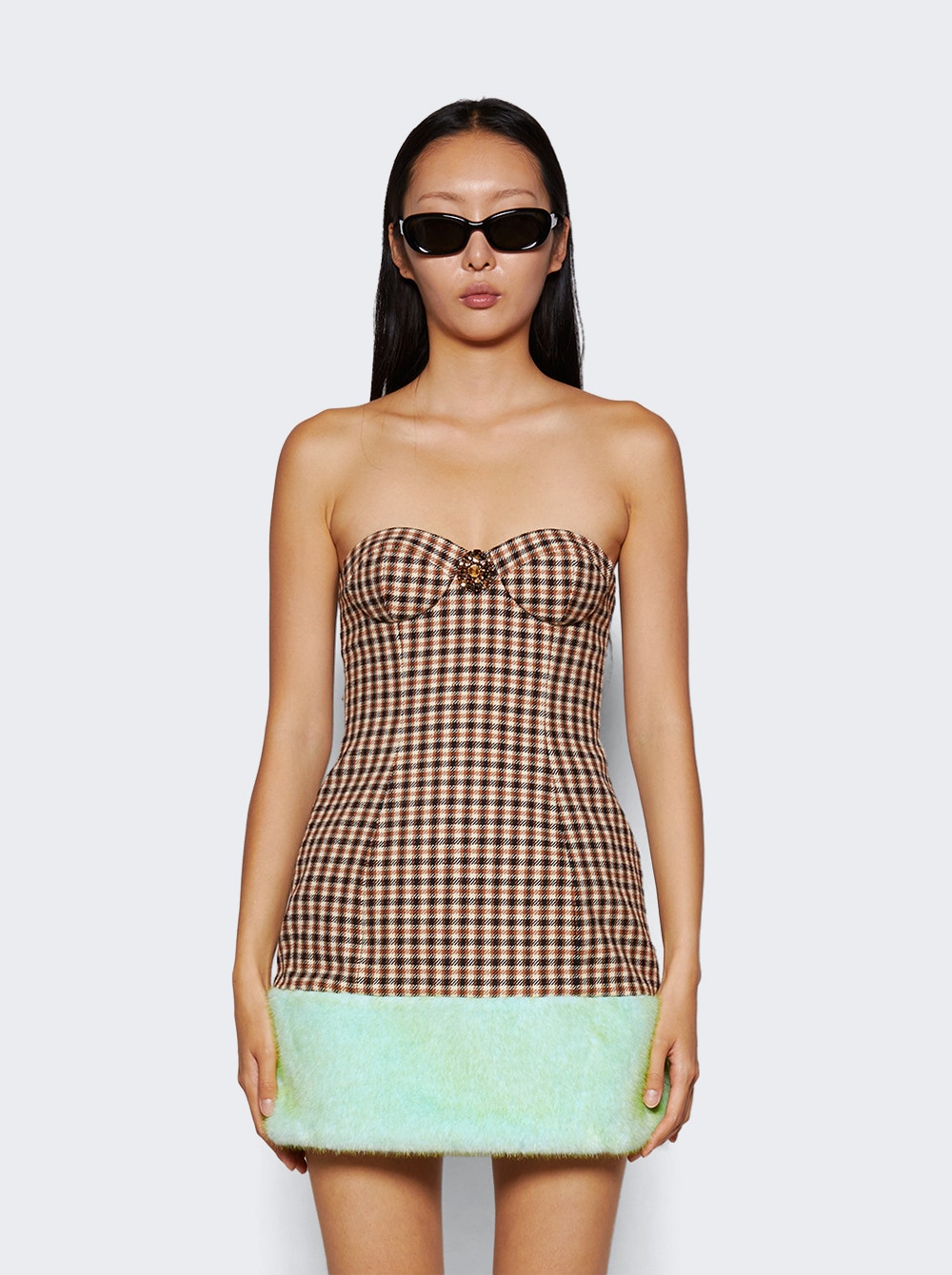 Women | AREA | Faux Fur Trim Strapless Mini Dress | Caramel