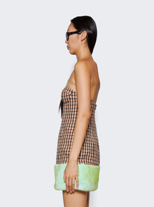 Women | AREA | Faux Fur Trim Strapless Mini Dress | Caramel