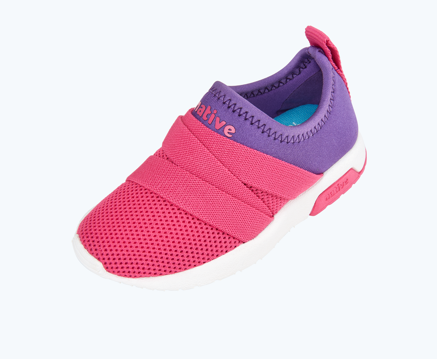 Angled view of a Native Shoes Kids Phoenix Kids | Starfish Purple/ Hollywood Pink/ Shell White Footwear