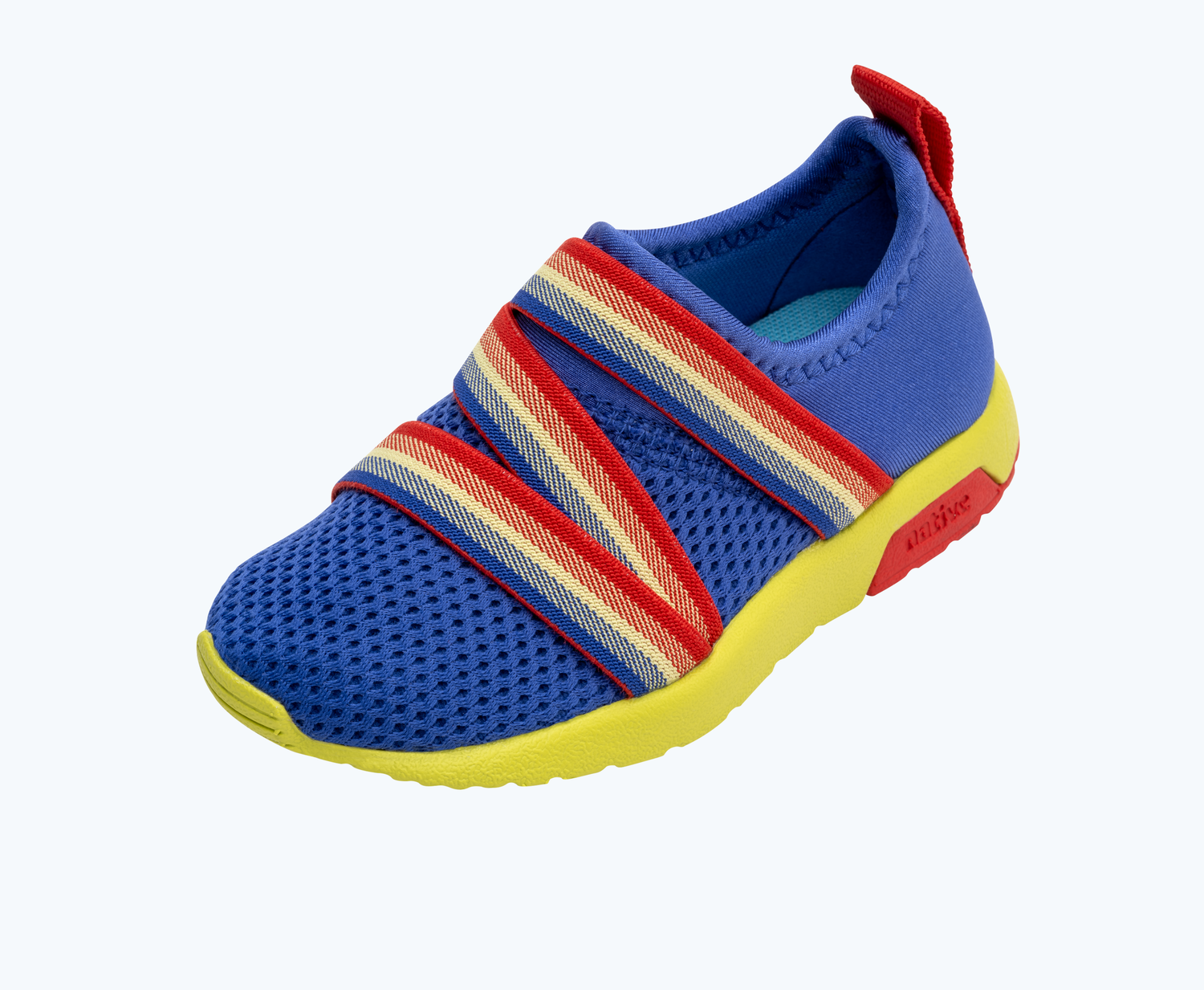 Angled view of a Native Shoes Kids Phoenix Sugarlite Kids | Uv Blue/ Celery Green/ Hyper Red Footwear