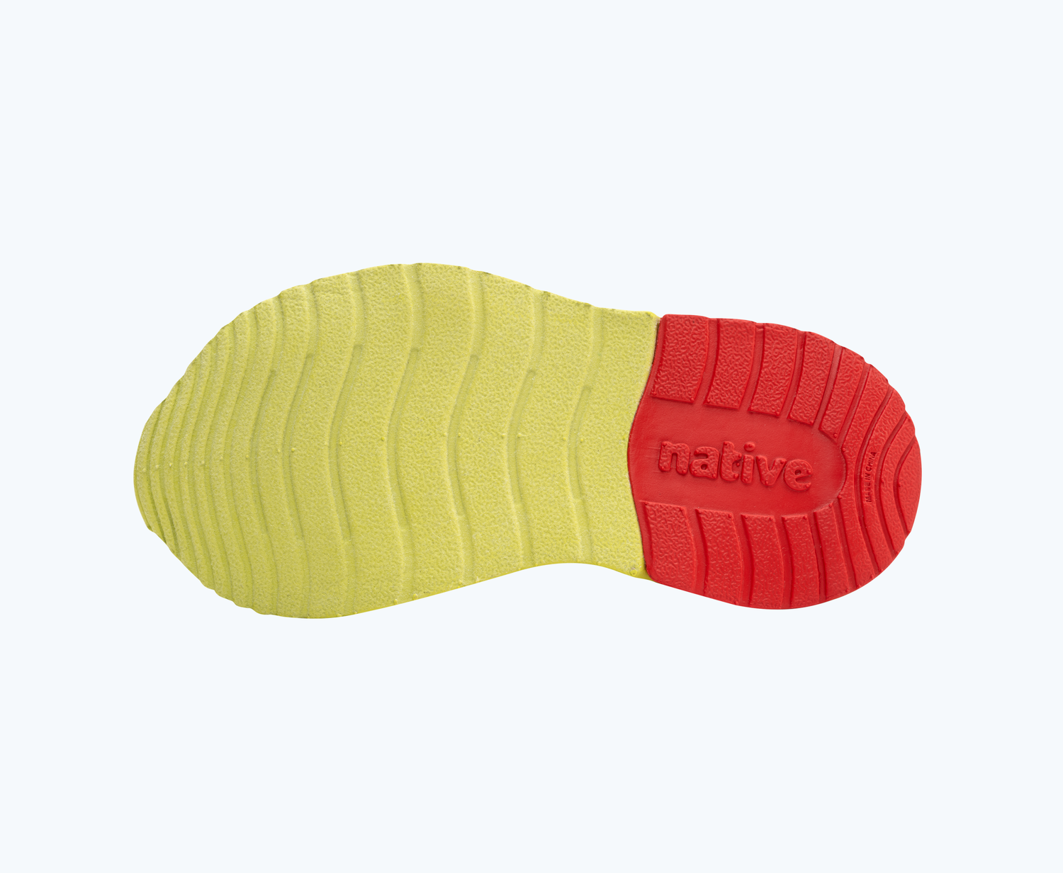 Bottom view of a Native Shoes Kids Phoenix Sugarlite Kids | Uv Blue/ Celery Green/ Hyper Red Footwear