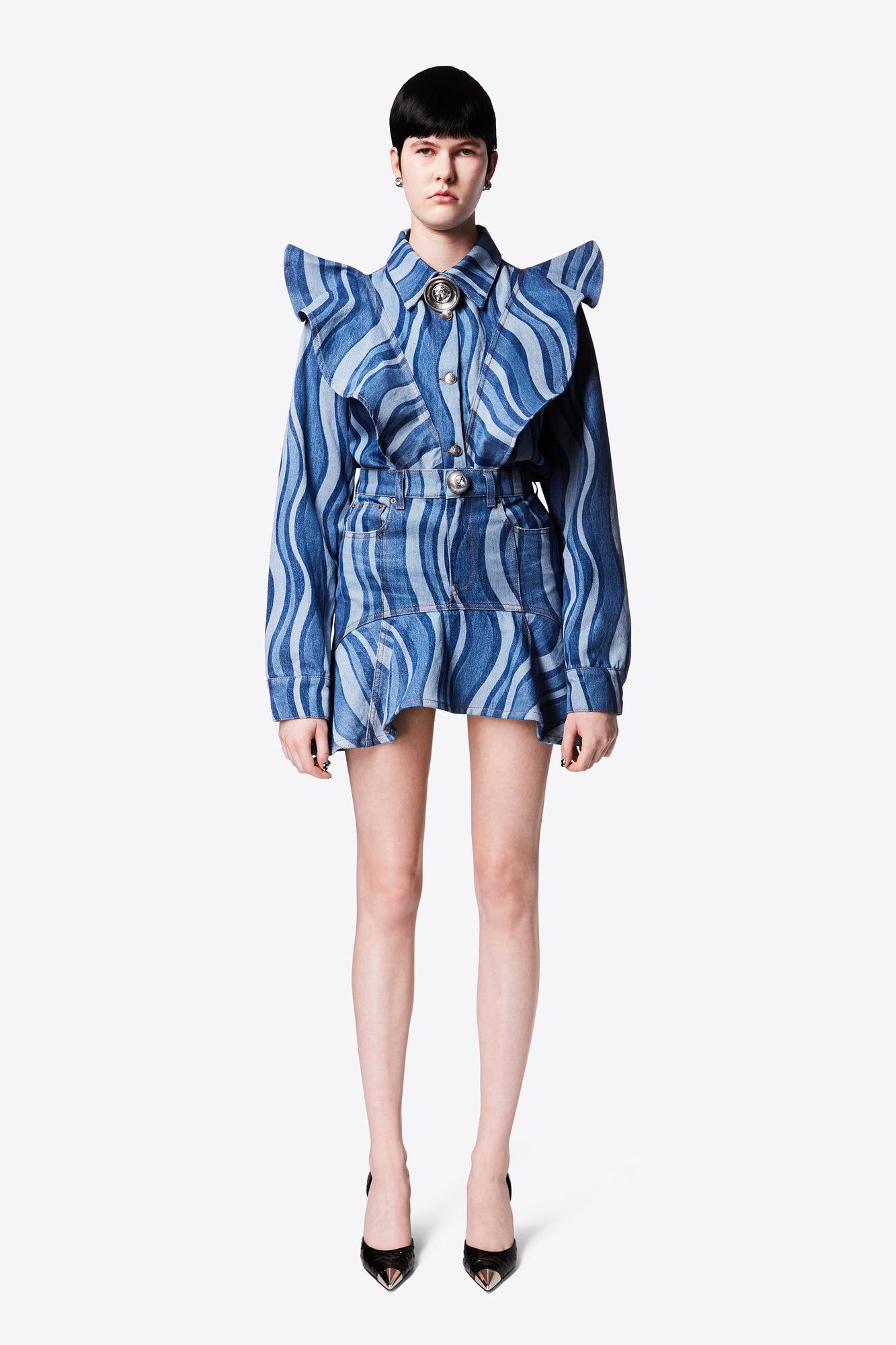 Sunray Denim Ruffle Bib Shirt