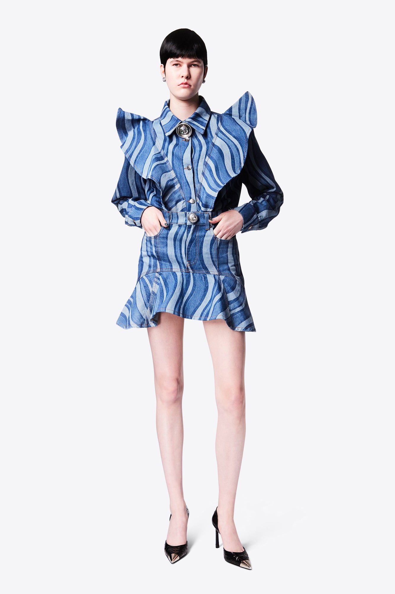 Sunray Denim Ruffle Mini Skirt