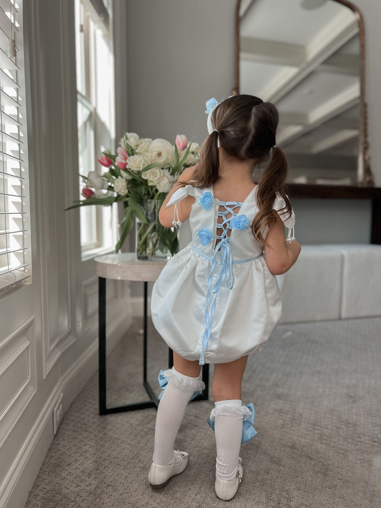 Daphne White Satin Romper with Blue Embroidery | Blue