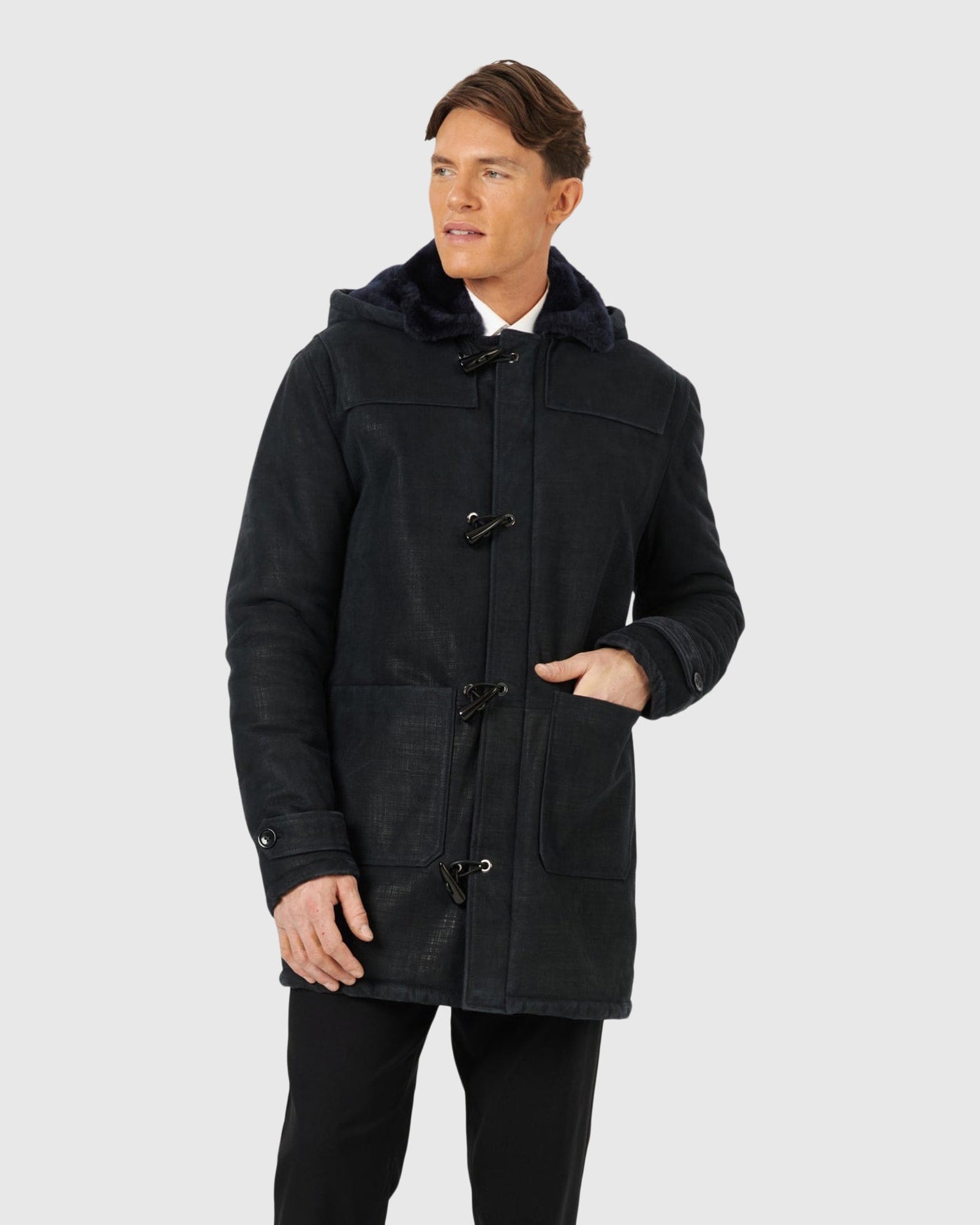 Men | Merino Shearling Lamb Parka | Navy Pattern