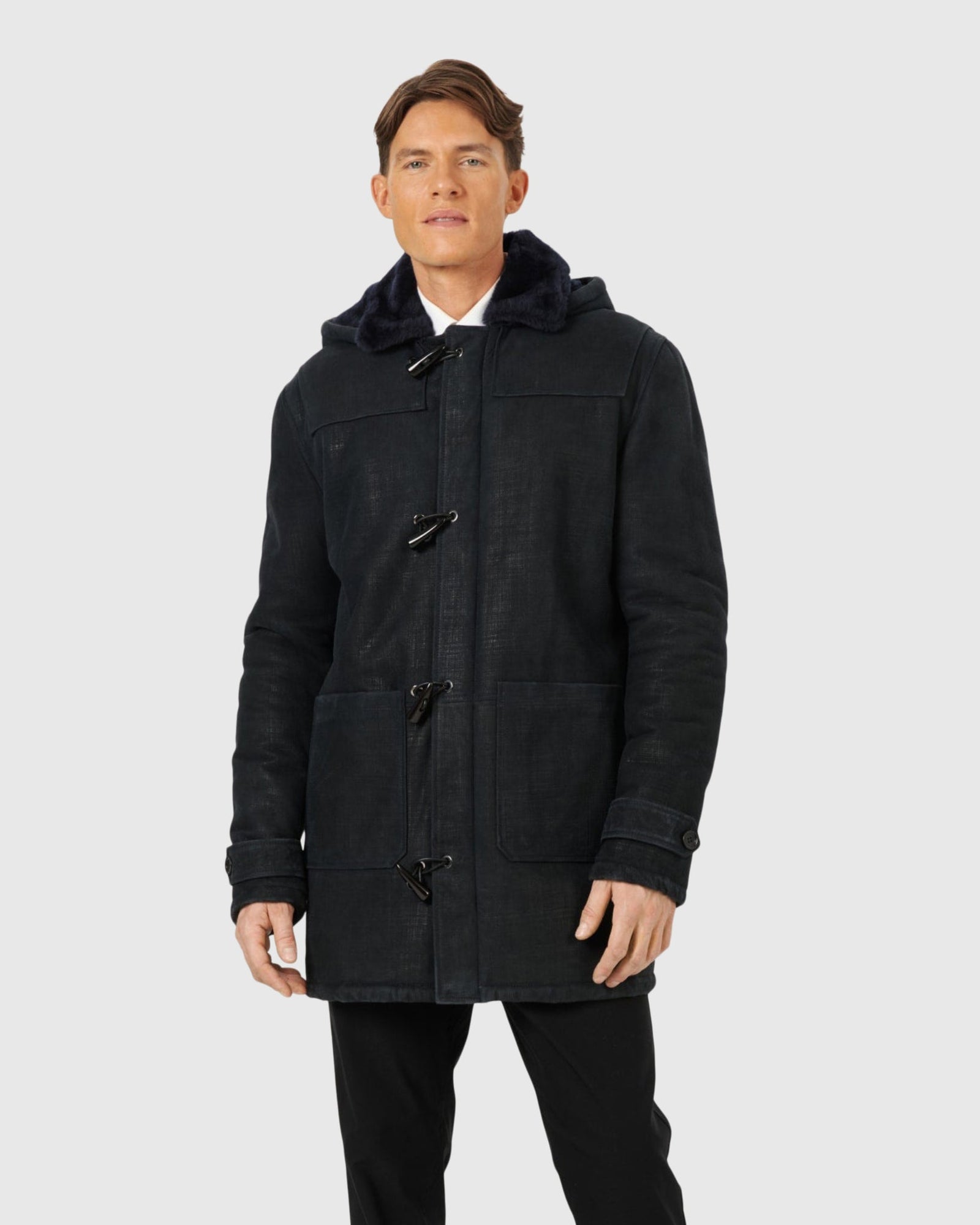 Men | Merino Shearling Lamb Parka | Navy Pattern