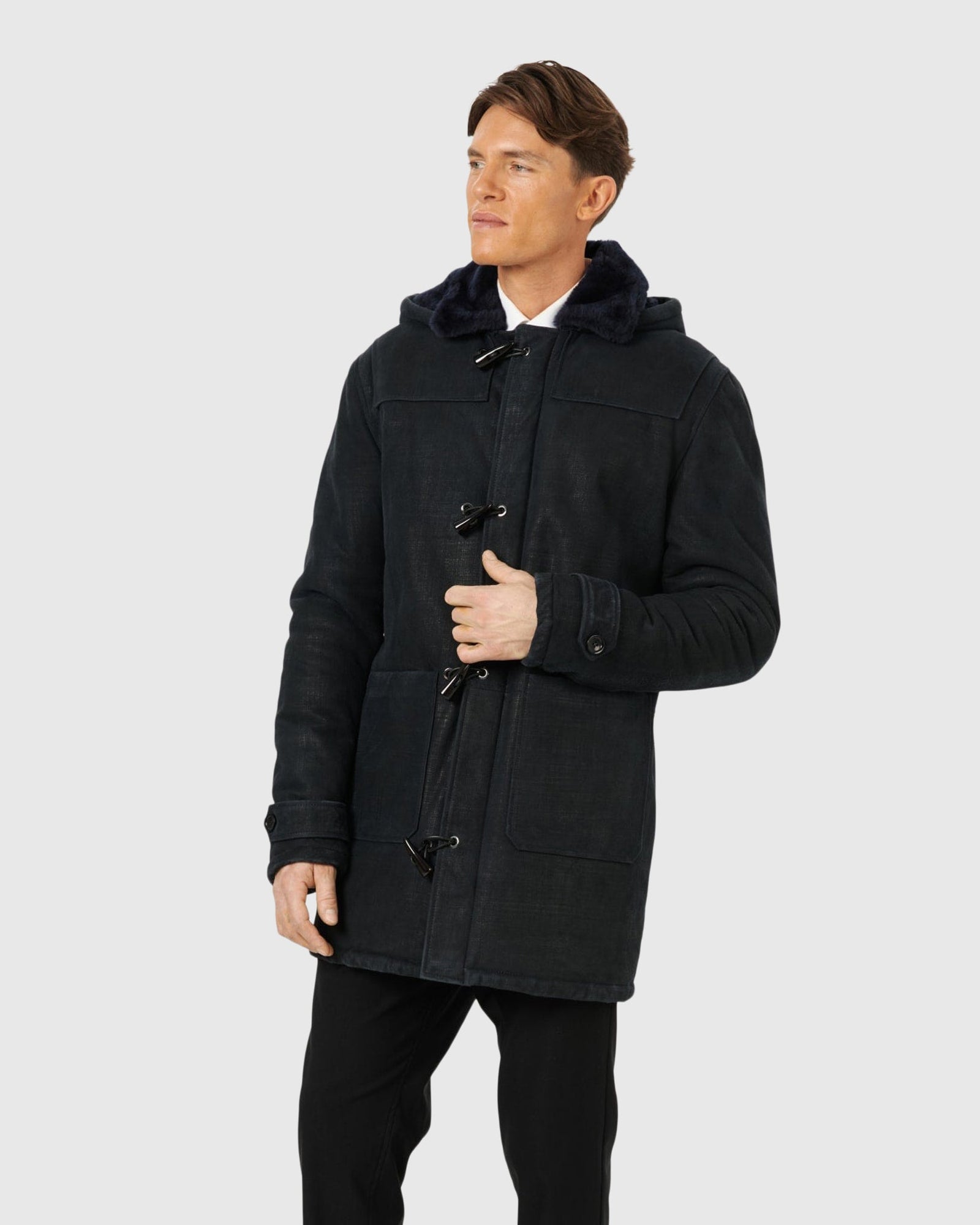 Men | Merino Shearling Lamb Parka | Navy Pattern