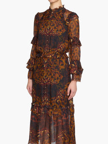 Braided Leopard Flounced Silk Chiffon Midi Dress | Brown Multi