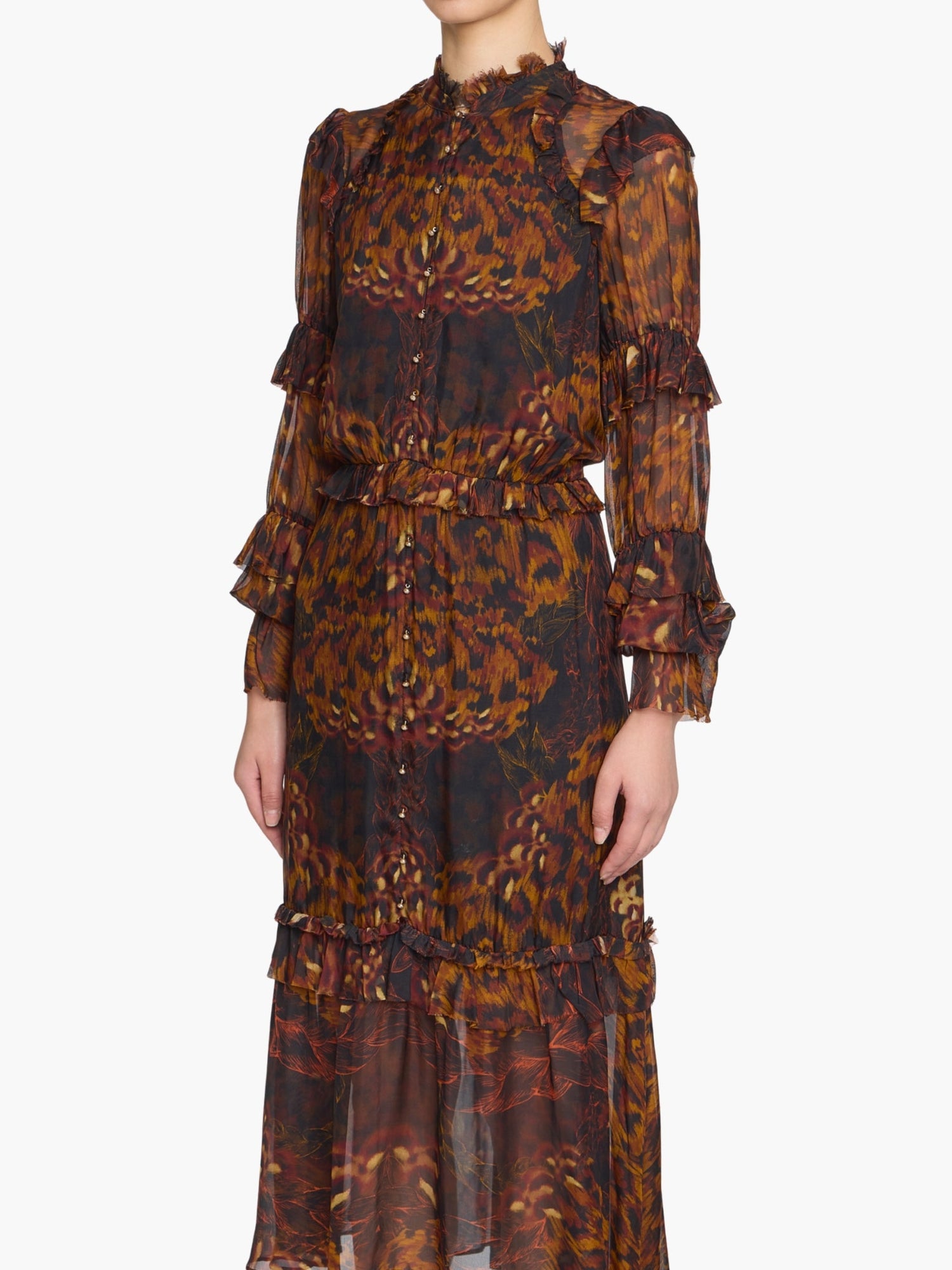 Braided Leopard Flounced Silk Chiffon Midi Dress | Brown Multi