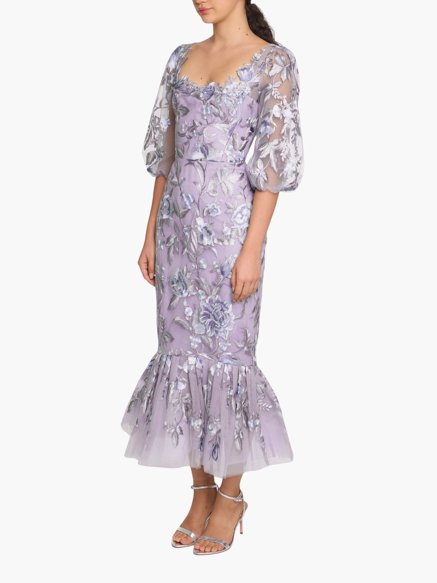 Botanist Bloom Embroidered Puff Sleeve Midi Dress | Lilac