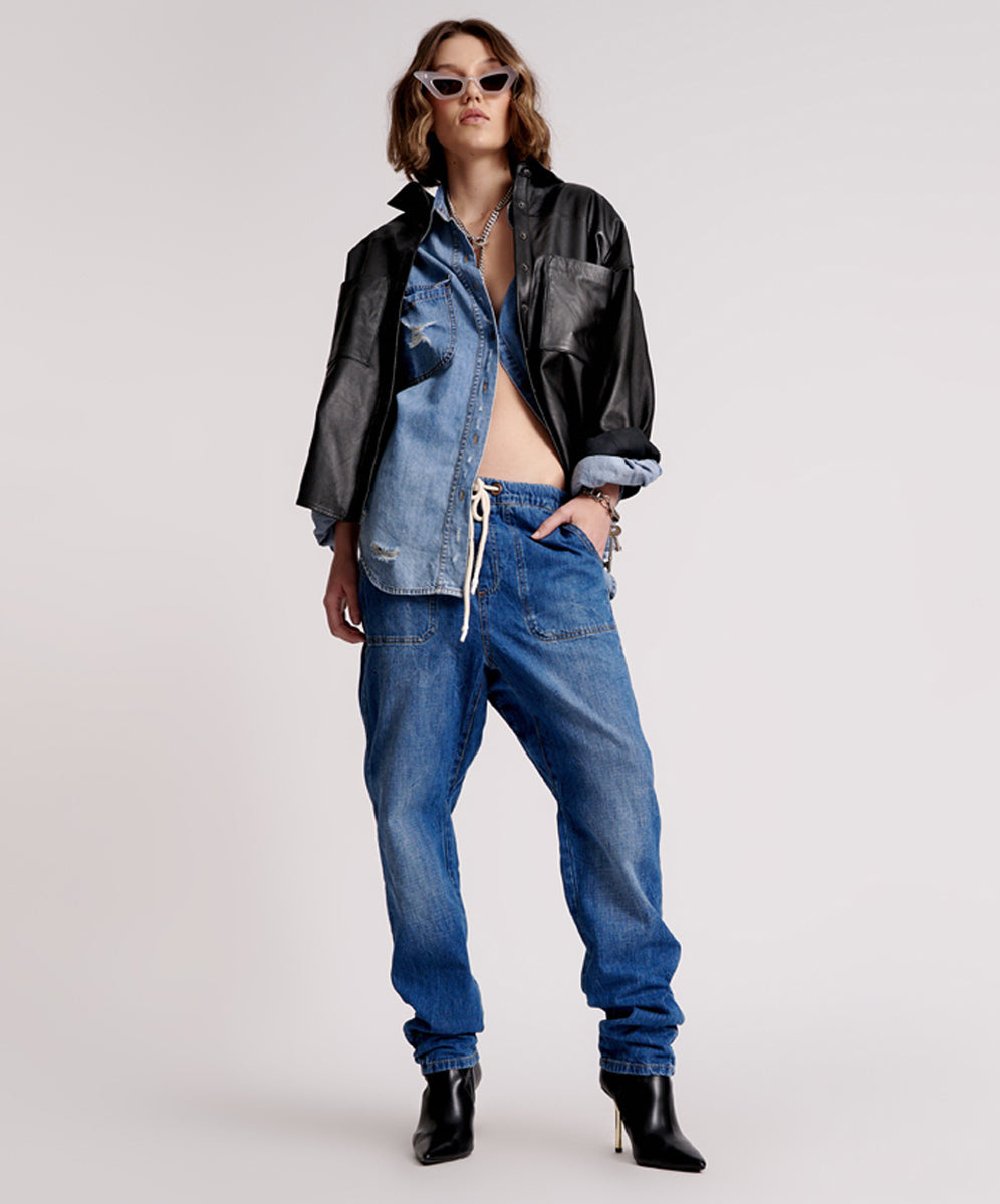 Shabbies Low Waist Drawstring Boyfriend Denim Jeans | Resort Blue