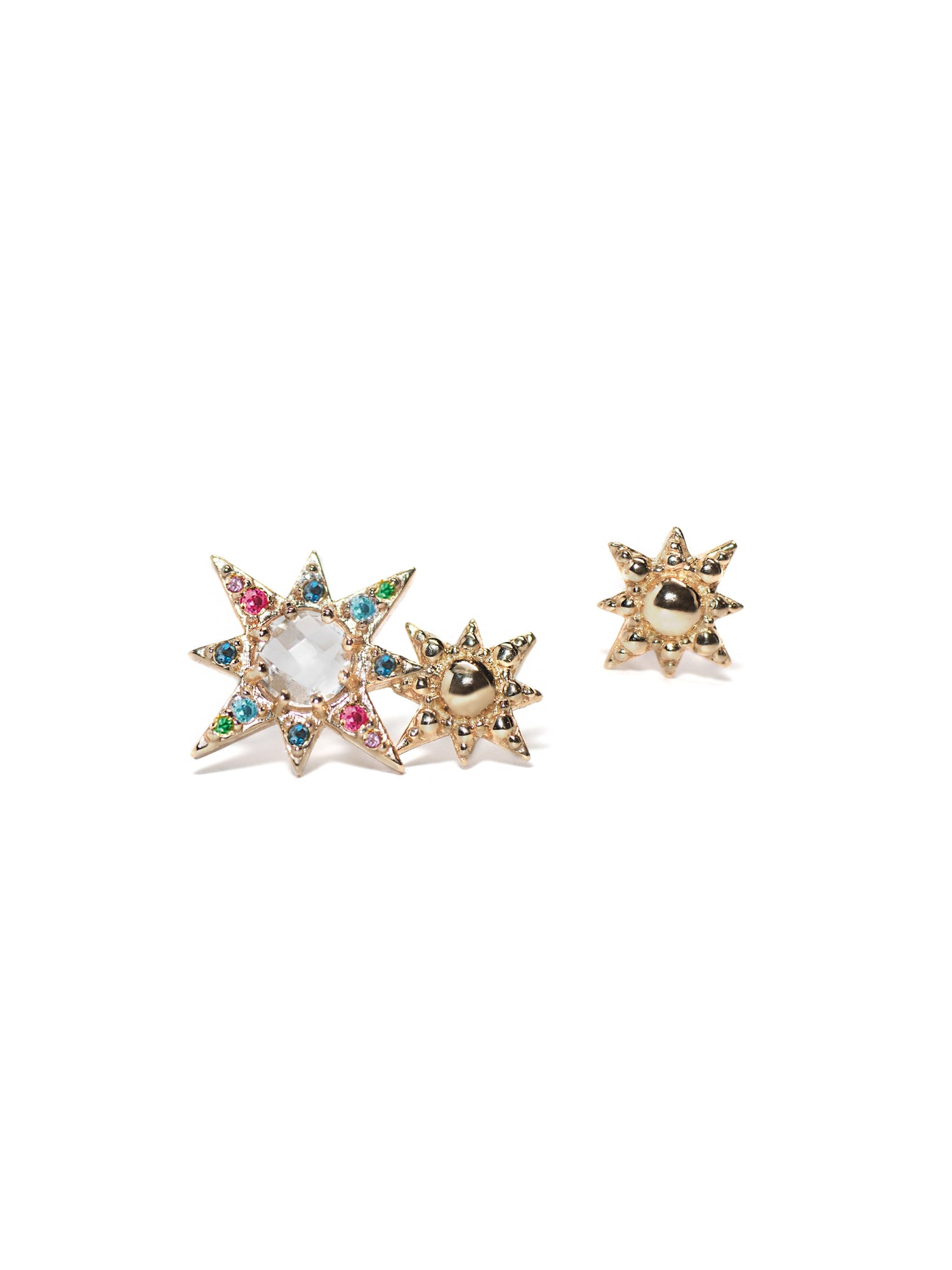 Aztec Double Starburst Mini Studs | Clear Topaz/Multicolor Sapphire | 14K Yellow Gold