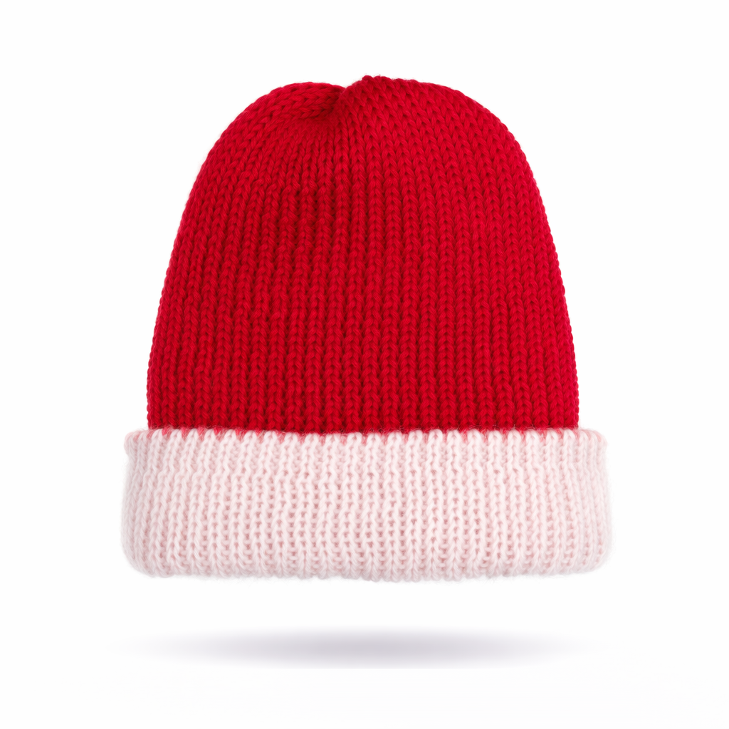 Red and white knit beanie on a white background