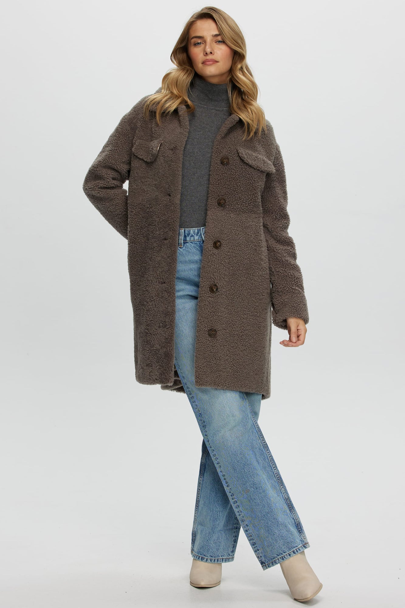 Curly Shearling Lamb Short Coat, Belt | Women | Ash Gray