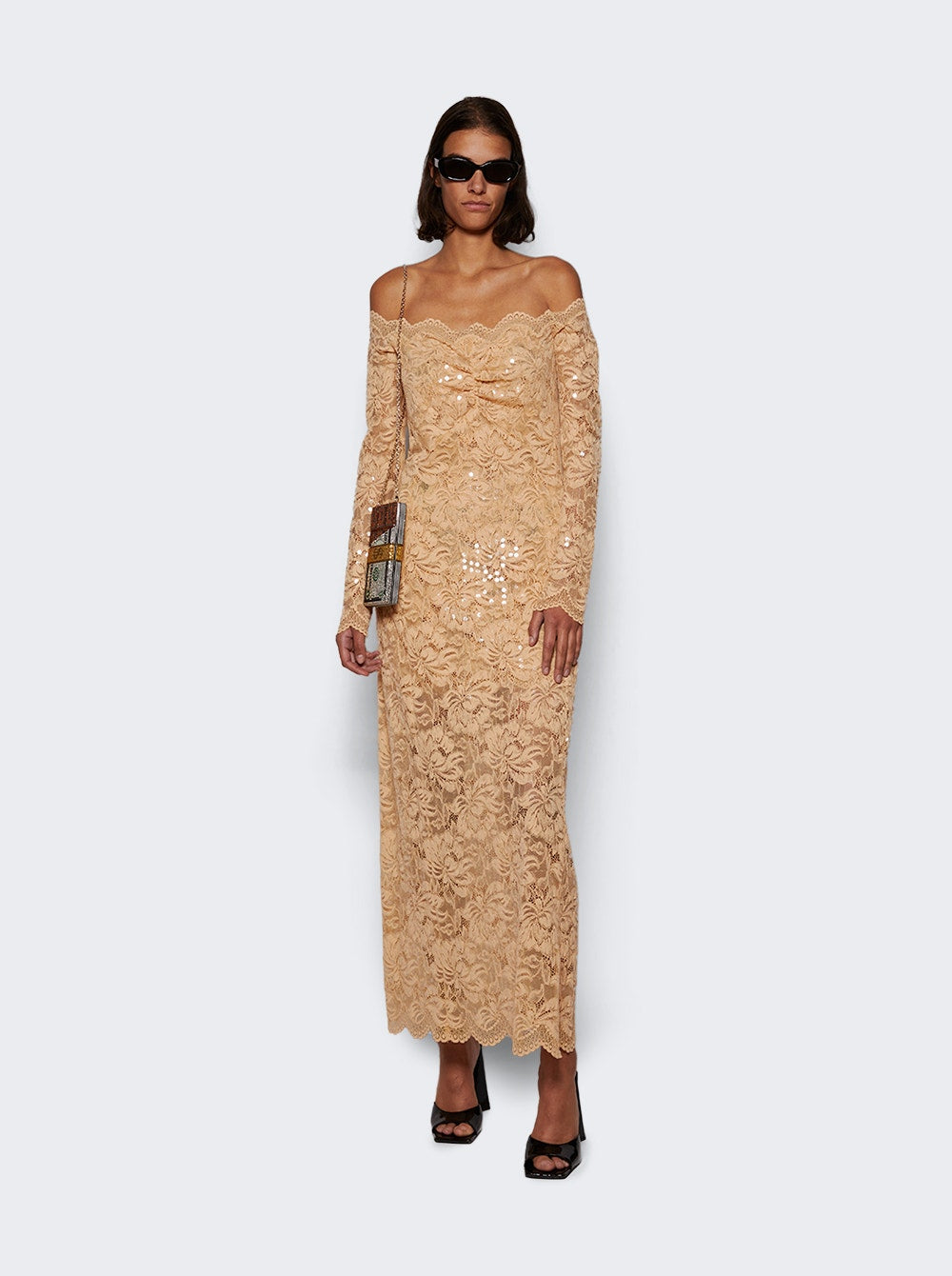 Women | Rabanne | Sequin-embroidered Lace Dress Raffia Beige