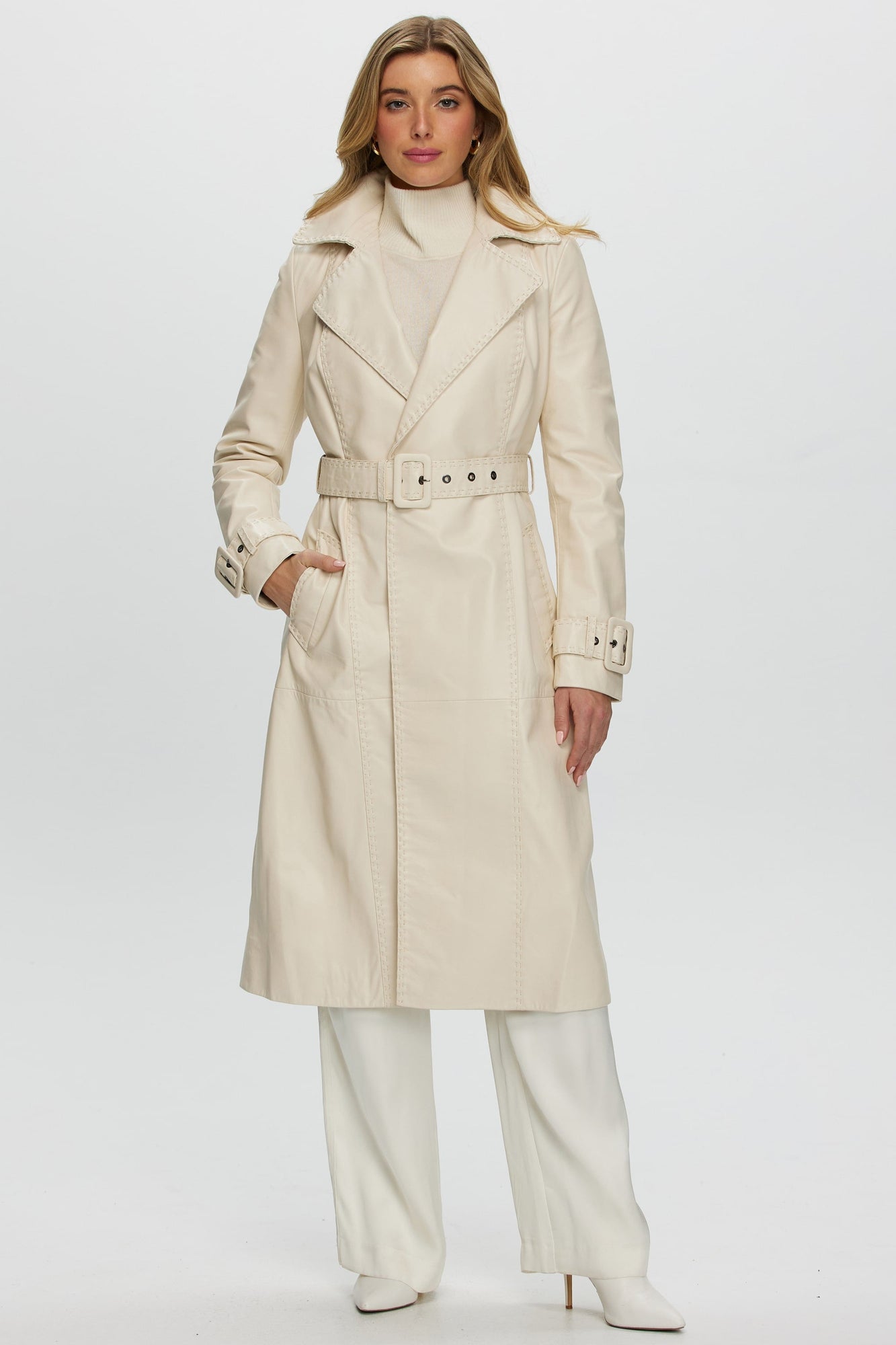 Leather Belted Trenchcoat | Women | Ivory