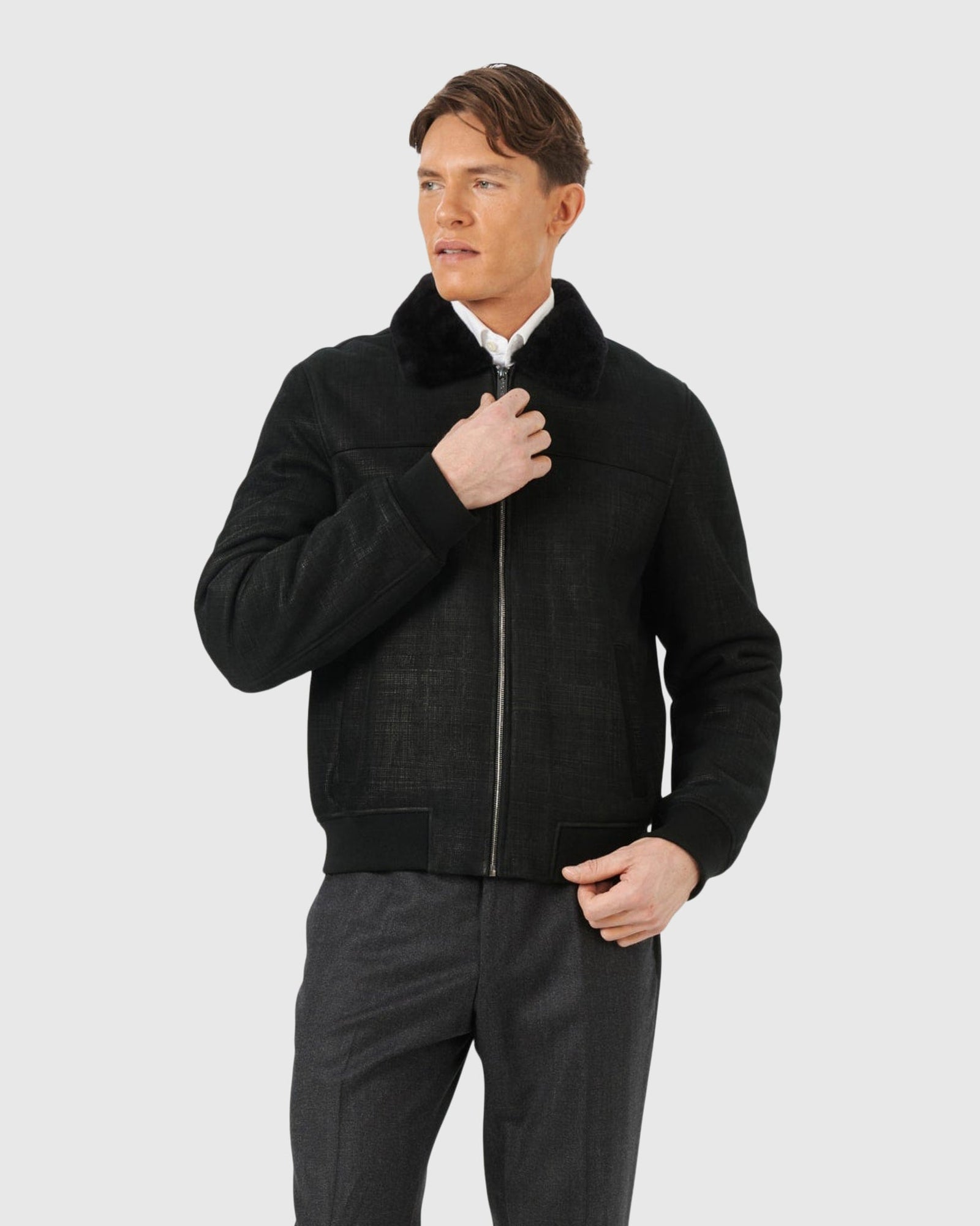 Men | Merino Shearling Lamb Bomber Jacket | Black Pattern